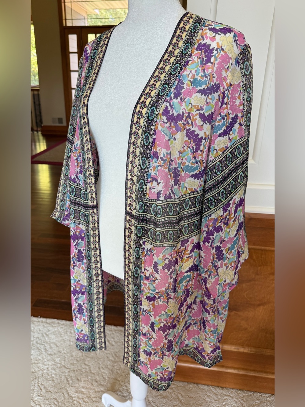 Susan Graver 1X Floral Border Print Open-Front Kimono Jacket - Pink Multi